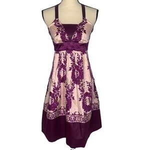 Tracy Reece Pink And Purple Metallic Floral Print Silk A-Line Dress